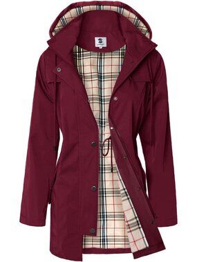 Women's Burgundy Long Hooded Rain Jacket Outdoor Raincoat Windbreaker Coats